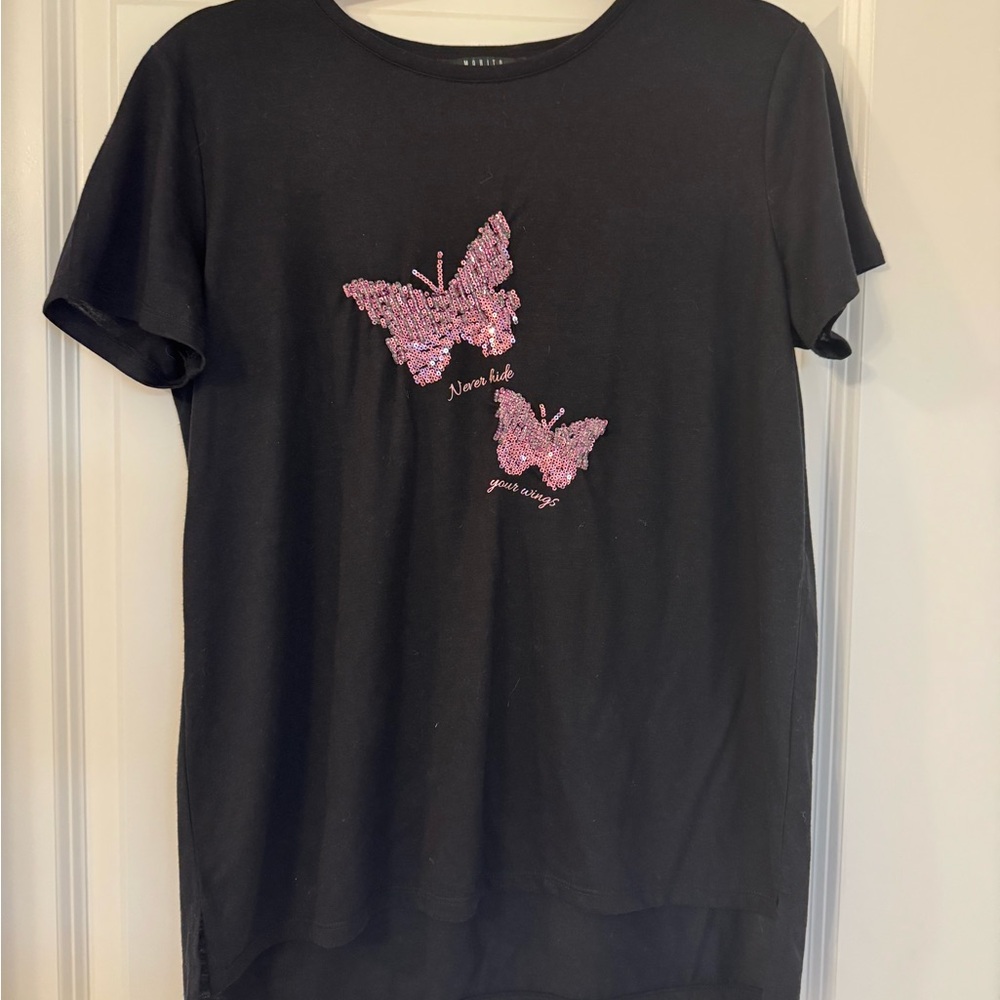 Black Relaxed Short Sleeve T-Shirt with Butterfly Design